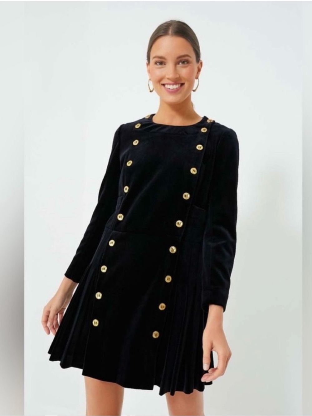 Tuckernuck Black Long-Sleeve Whitney Mini Dress with Gold Buttons